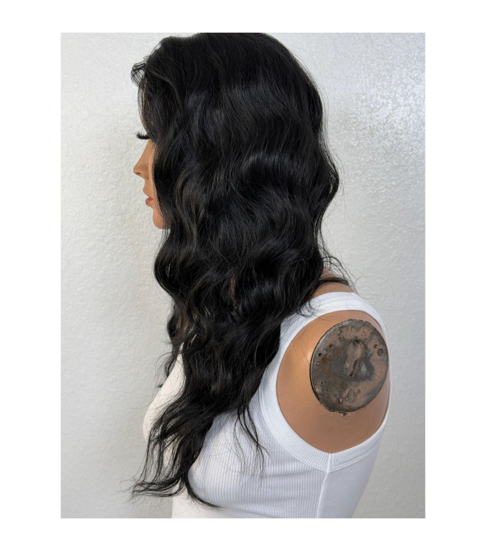 Matte Jet Black Human Hair Blend Wig, Textured Hair Wig, Natural Thick Wavy Lace Part