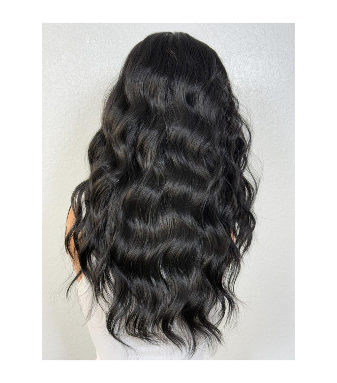 Matte Jet Black Human Hair Blend Wig, Textured Hair Wig, Natural Thick Wavy Lace Part