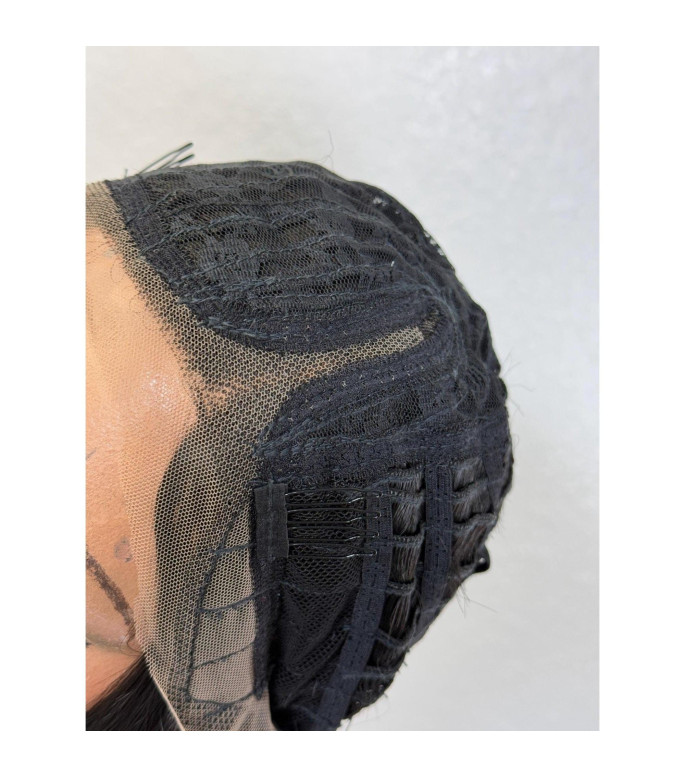 Matte Jet Black Human Hair Blend Wig, Textured Hair Wig, Natural Thick Wavy Lace Part