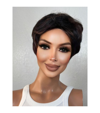 Black Rich Copper Brown Human Hair Blend Wig, Highlights Pixie Haircut Wig, Short Wig