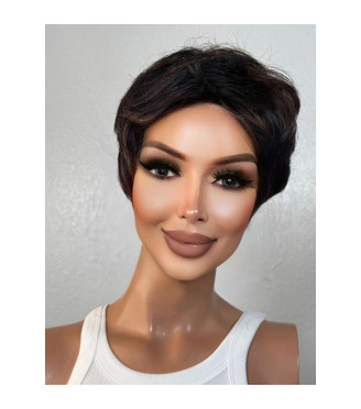 Black Rich Copper Brown Human Hair Blend Wig, Highlights Pixie Haircut Wig, Short Wig
