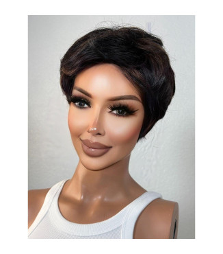 Black Rich Copper Brown Human Hair Blend Wig, Highlights Pixie Haircut Wig, Short Wig