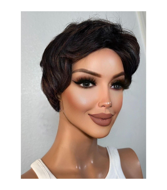 Black Rich Copper Brown Human Hair Blend Wig, Highlights Pixie Haircut Wig, Short Wig