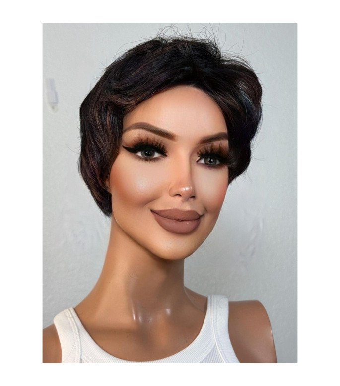 Black Rich Copper Brown Human Hair Blend Wig, Highlights Pixie Haircut Wig, Short Wig