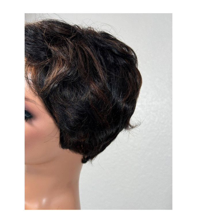 Black Rich Copper Brown Human Hair Blend Wig, Highlights Pixie Haircut Wig, Short Wig