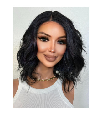 Short Glamorous Deep Jet Black Human Hair Blend Wig, Shaggy Haircut Layered Bob Wig, 10
