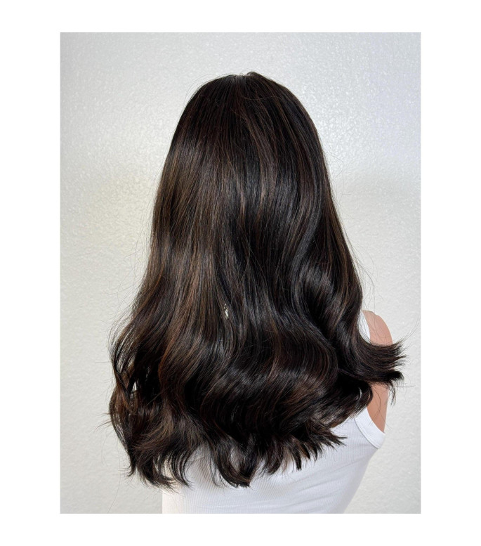 Natural Black Human Hair Blend Wig, Brunette Highlights Lace Part Wig, 14 Round Brush