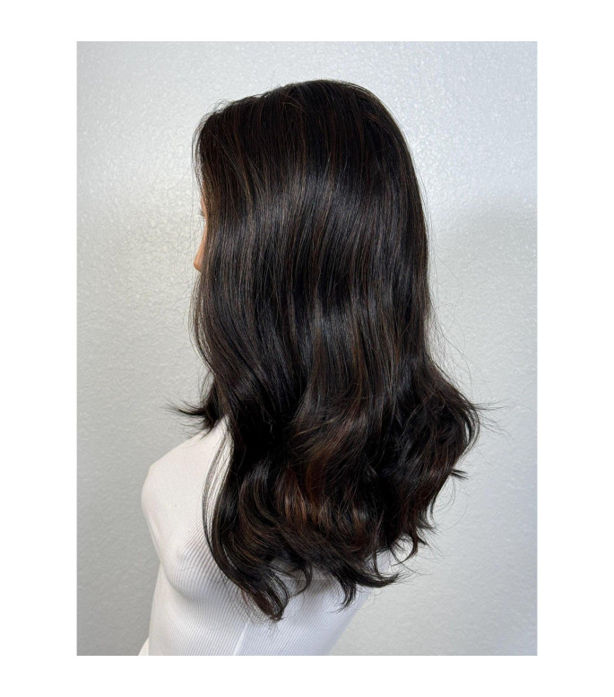 Natural Black Human Hair Blend Wig, Brunette Highlights Lace Part Wig, 14 Round Brush