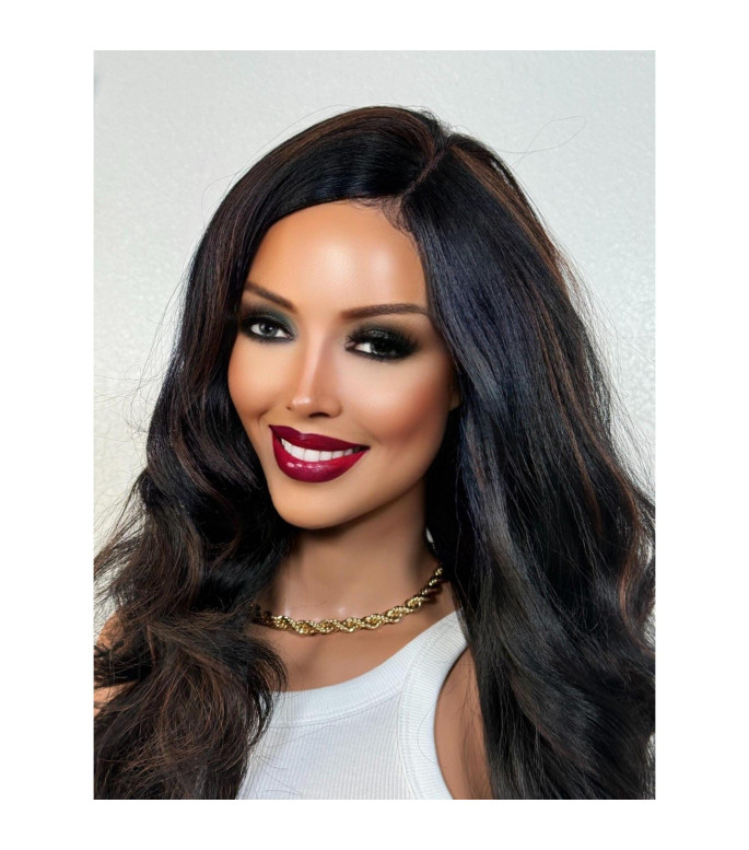 Black Human Hair Blend Wig, Natural Big Textured Wavy Top Lace Wig, 22 inch Long Layered