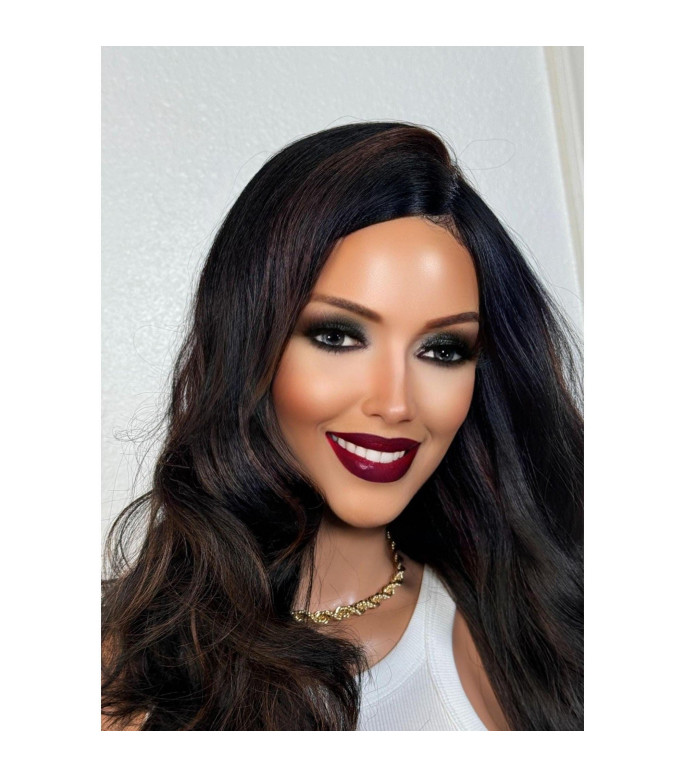 Black Human Hair Blend Wig, Natural Big Textured Wavy Top Lace Wig, 22 inch Long Layered