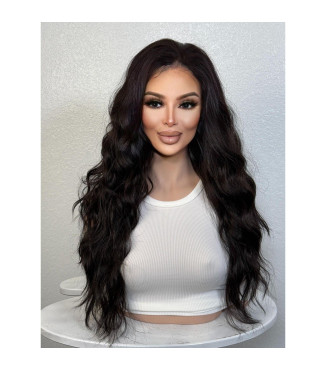 Natural Black Lustrous Human Hair Blend Lace Front Wig, Thick Wavy Shaggy Haircut Closure