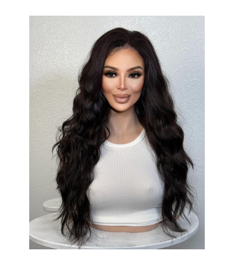 Natural Black Lustrous Human Hair Blend Lace Front Wig, Thick Wavy Shaggy Haircut Closure