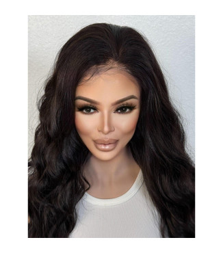 Natural Black Lustrous Human Hair Blend Lace Front Wig, Thick Wavy Shaggy Haircut Closure