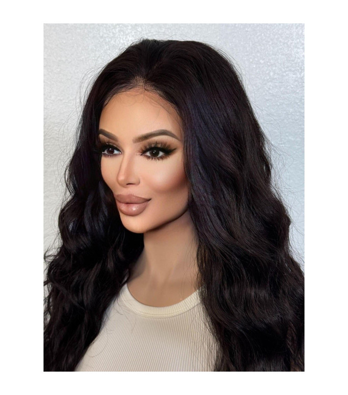 Natural Black Lustrous Human Hair Blend Lace Front Wig, Thick Wavy Shaggy Haircut Closure