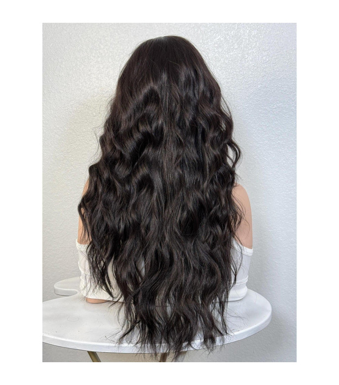 Natural Black Lustrous Human Hair Blend Lace Front Wig, Thick Wavy Shaggy Haircut Closure
