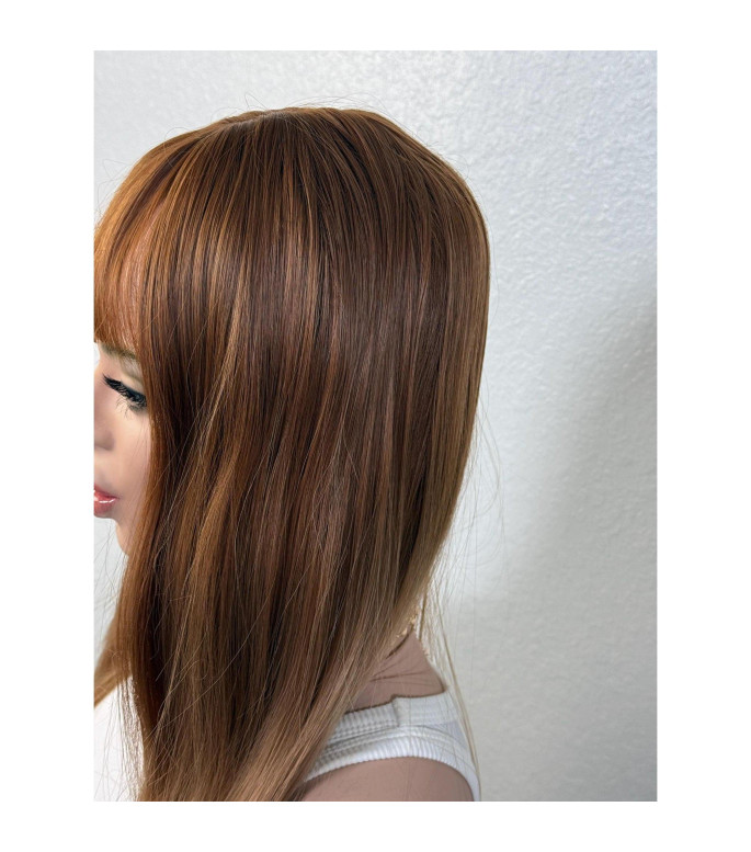 Ginger Blonde Human Hair Blend Wig, Balayage Glazed Wig with Bangs, No Lace Full Wig for