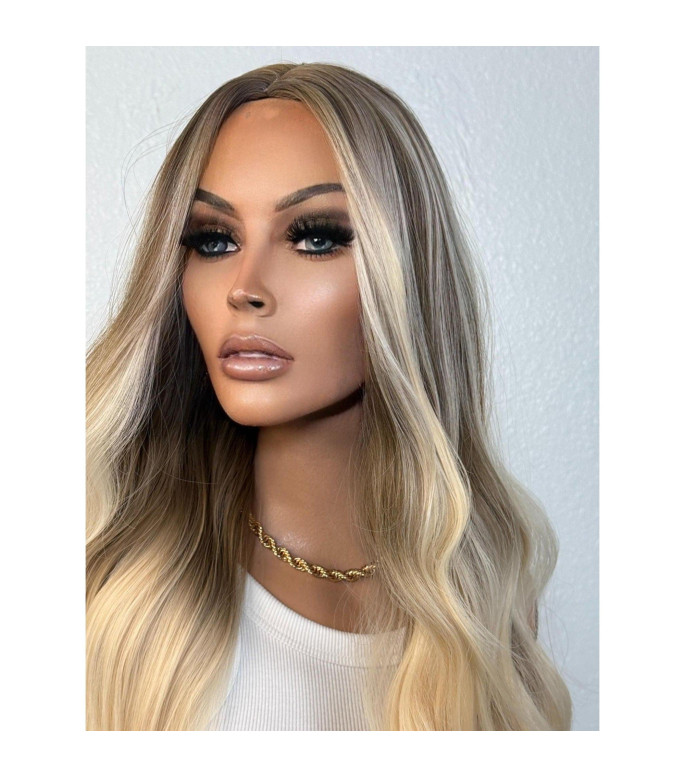Beige Natural Blonde Balayage Human Hair Blend Wig, Long Loose Waves Blond Money piece