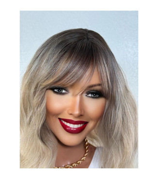 Light Ash Blonde Human Hair Blend Wig, Smoky Ombr Roots Wig, Short Collarbone Wavy Bob