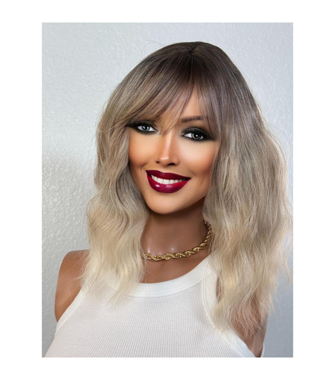 Light Ash Blonde Human Hair Blend Wig, Smoky Ombr Roots Wig, Short Collarbone Wavy Bob