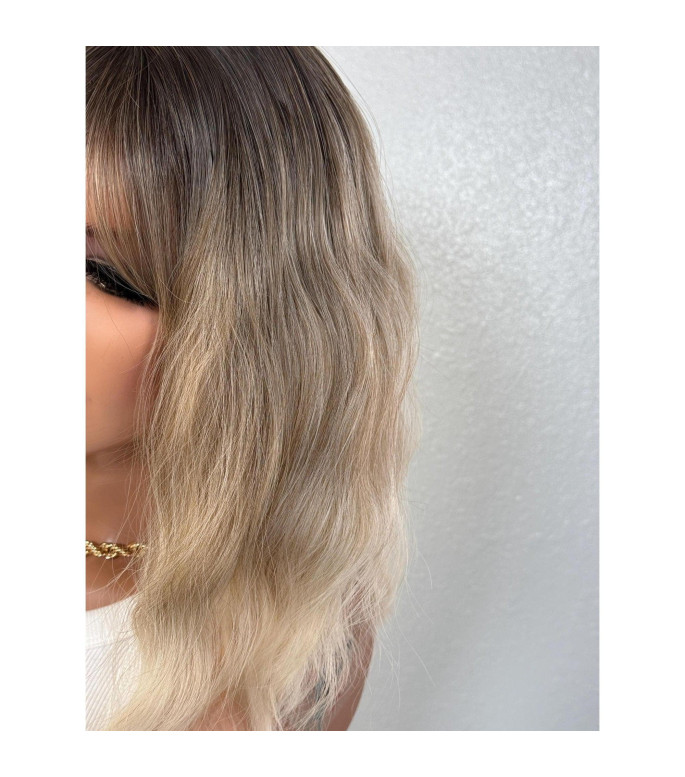 Light Ash Blonde Human Hair Blend Wig, Smoky Ombr Roots Wig, Short Collarbone Wavy Bob