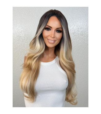 Summer Blonde Human Hair Blend Wig, Platinum Bold Money Piece Rooty Ombre Wig, Long Blond