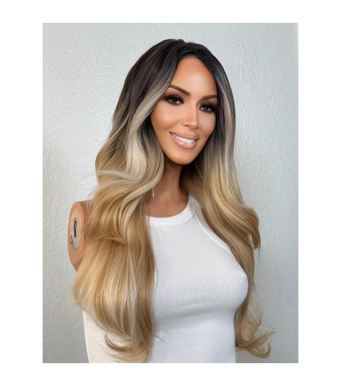 Summer Blonde Human Hair Blend Wig, Platinum Bold Money Piece Rooty Ombre Wig, Long Blond