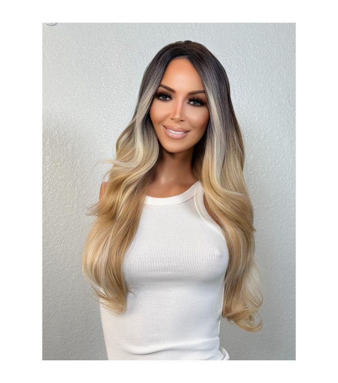 Summer Blonde Human Hair Blend Wig, Platinum Bold Money Piece Rooty Ombre Wig, Long Blond