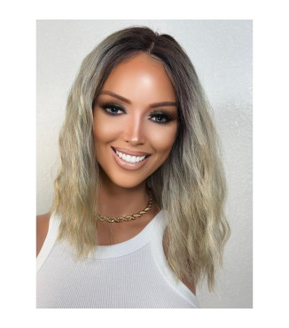 Ash blonde loose tousled wavy ombr Wig, dark roots sultry muted short hairstyle wig, edgy