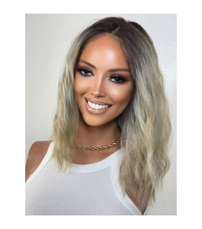 Ash blonde loose tousled wavy ombr Wig, dark roots sultry muted short hairstyle wig, edgy