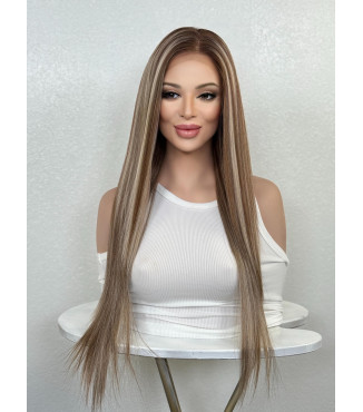Milk Chocolate Brown Human Hair Blend Creamy Vanilla Blonde Hi-Light Straight Wig | HD