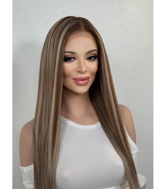 Milk Chocolate Brown Human Hair Blend Creamy Vanilla Blonde Hi-Light Straight Wig | HD