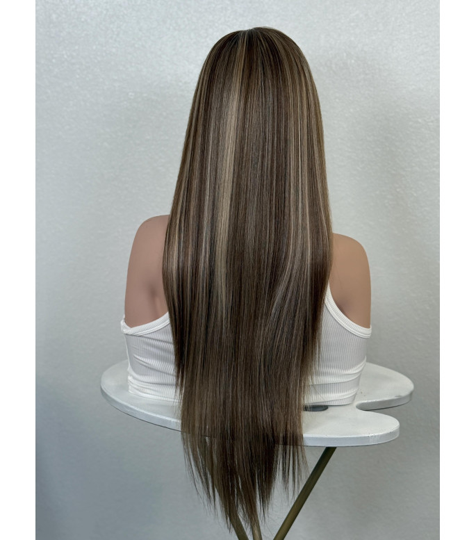 Milk Chocolate Brown Human Hair Blend Creamy Vanilla Blonde Hi-Light Straight Wig | HD