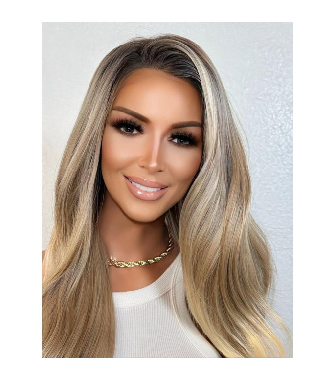 Long Layered Bronde Old Money Hair Human Hair Blend Lace Front Wig, Balayage Blonde Wavy