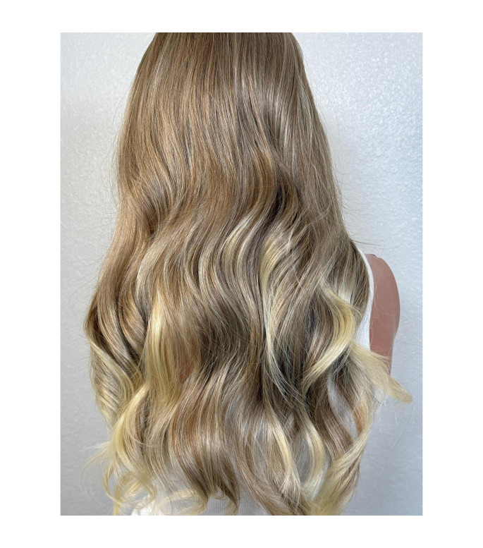 Long Layered Bronde Old Money Hair Human Hair Blend Lace Front Wig, Balayage Blonde Wavy