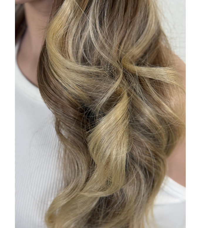 Peanut Butter Blonde Human Hair Blend Balayage Wavy Wig | 26 inch Long Hairstyle | HD
