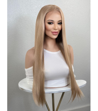Natural Blonde Long Straight 26 Human Hair Blend Wig, Pre-Plucked 13x6 Free Part HD