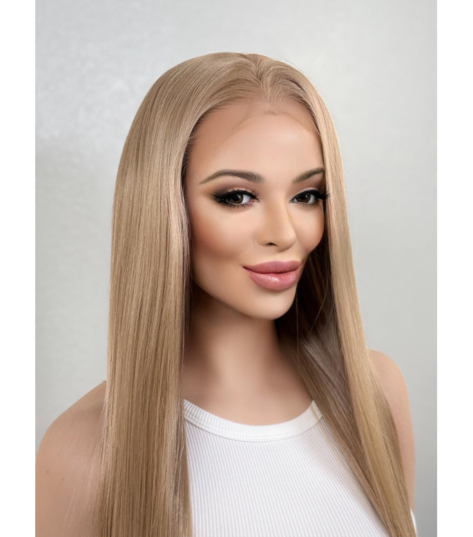 Natural Blonde Long Straight 26 Human Hair Blend Wig, Pre-Plucked 13x6 Free Part HD