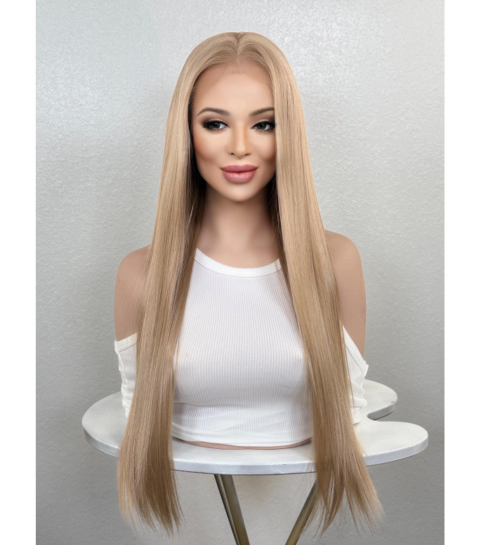 Natural Blonde Long Straight 26 Human Hair Blend Wig, Pre-Plucked 13x6 Free Part HD