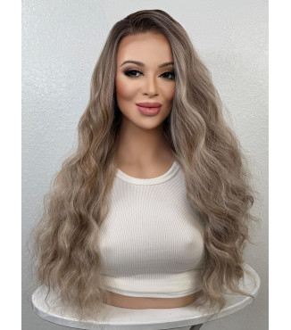 Mushroom Ash Blonde Mix Human Hair Blend Lace Front Wig, Rooty Balayage Wig, Blonde 13x6