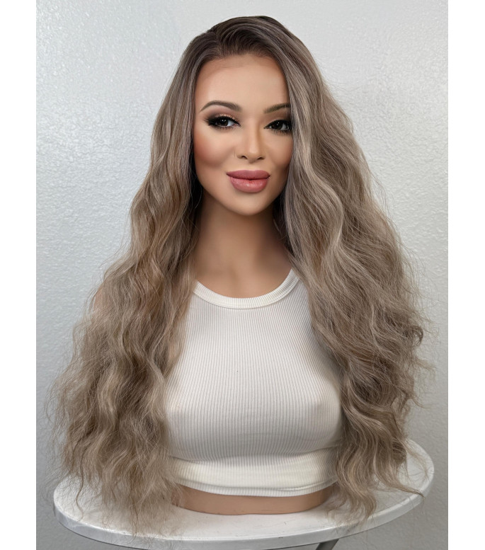 Mushroom Ash Blonde Mix Human Hair Blend Lace Front Wig, Rooty Balayage Wig, Blonde 13x6