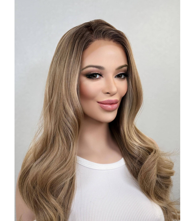 Warm Blonde Balayage Lace Top Synthetic Wig  Heat Safe Wig  24 inches Luxury Wig  13 by 4