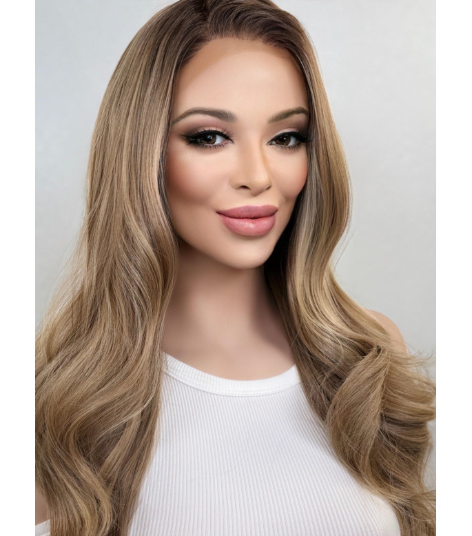 Warm Blonde Balayage Lace Top Synthetic Wig  Heat Safe Wig  24 inches Luxury Wig  13 by 4