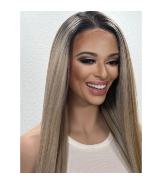 Dimensional Blonde Human Hair Blend Lace Front Wig Dark Roots Balayage Highlights / 13x6