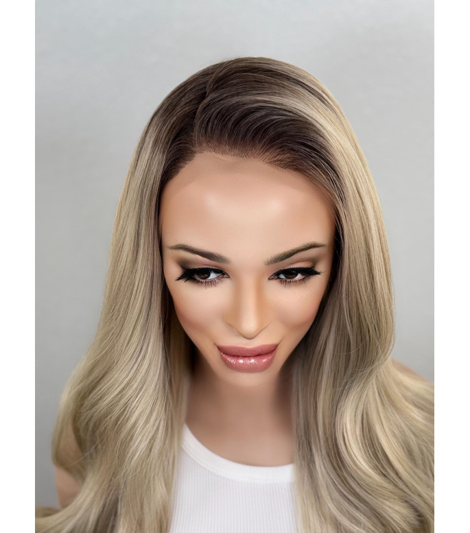 Ashy Blonde Dark Brown Roots Layered Wavy Human Hair Blend Wig, Pre-Plucked 13x4 Free