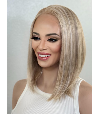 Short Light Blonde Mix Bob Human Hair Blend Free Part 13 by 6 Lace Frontal Wig