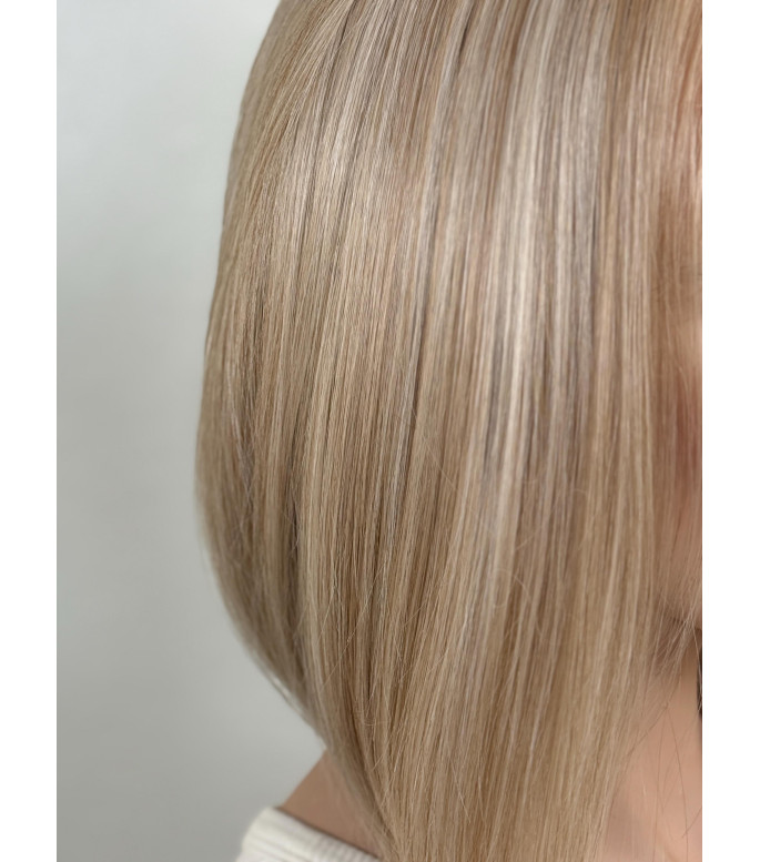 Short Light Blonde Mix Bob Human Hair Blend Free Part 13 by 6 Lace Frontal Wig