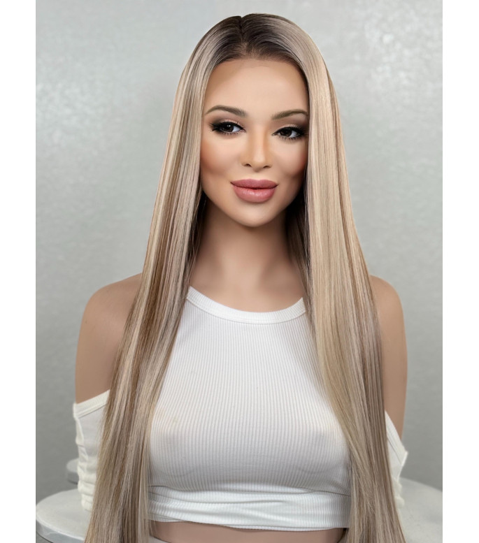 Pearl Blonde Balayage Highlights Human Hair Blend Lace Top Wig