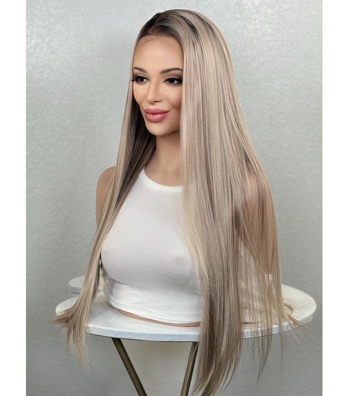 Pearl Blonde Balayage Highlights Human Hair Blend Lace Top Wig