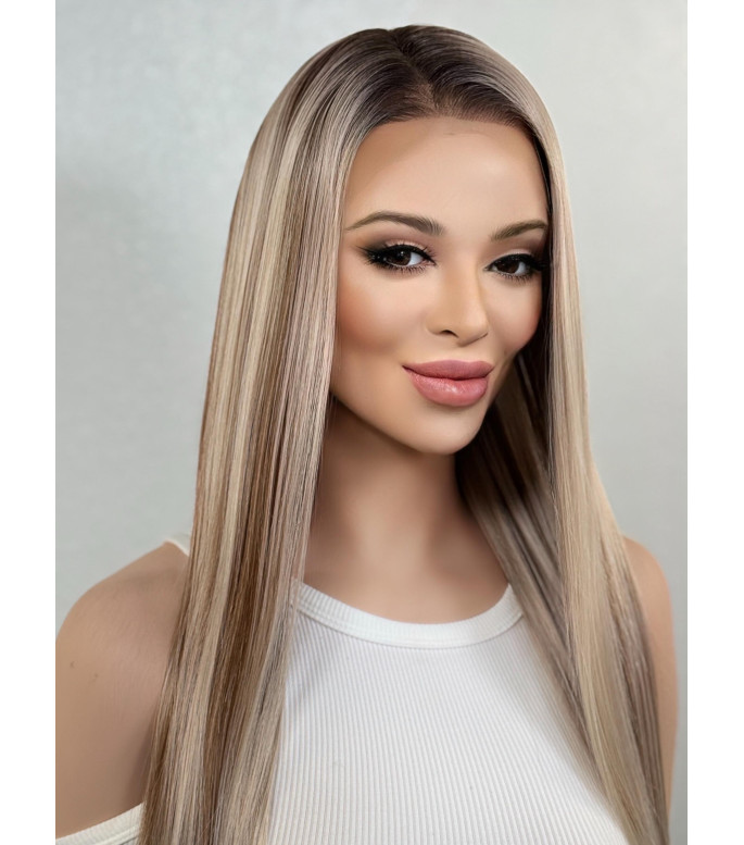 Pearl Blonde Balayage Highlights Human Hair Blend Lace Top Wig
