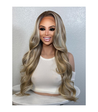 Frosted Wheaty Multi-Tonal Beige Blonde Human Hair Blend Lace Wig, Balayage Natural Roots